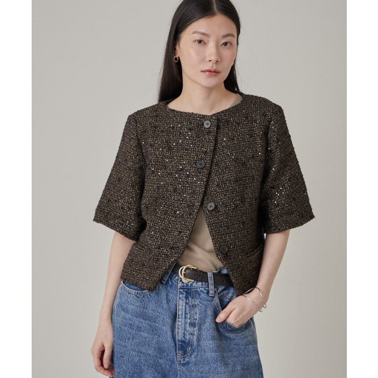 BLK | 【Omekashi】ツイードハーフスリーブショートジャケット | PAL GROUP OUTLET