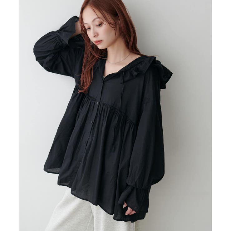 ブラック | 【Discoat】フリルフードギャザー切り替えシャツ | PAL GROUP OUTLET