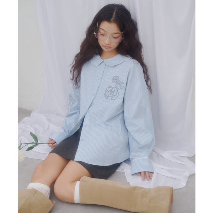【Discoat】【umm】バラモチーフストライプシャツ | PAL GROUP OUTLET | 詳細画像7 