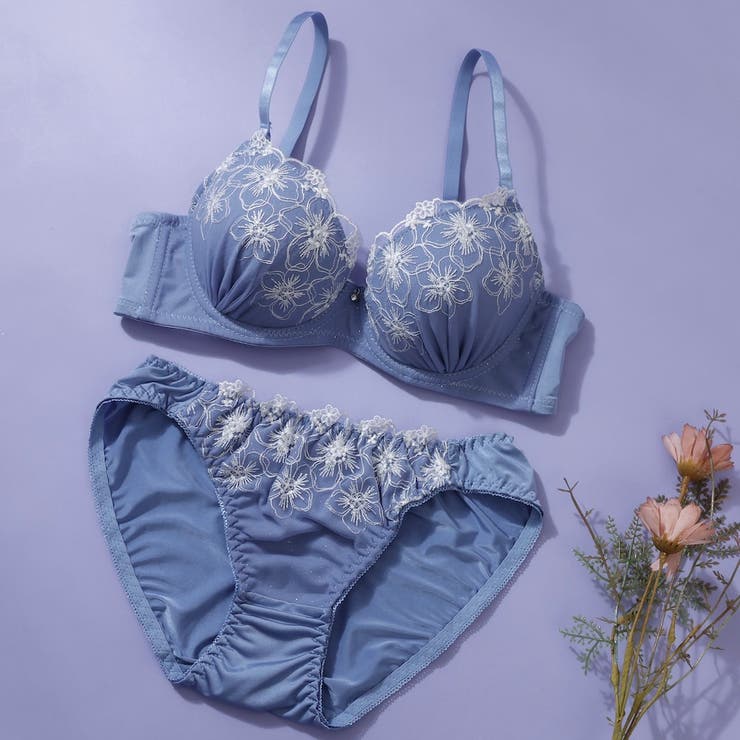 ブルー | 【EFカップ】シルバーラメフラワー３/４モールドカップブラ＆ショーツ | palissee