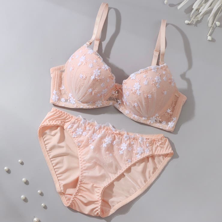 オレンジ | プチフラワー刺繍３/４モールドカップブラ＆ショーツ | palissee