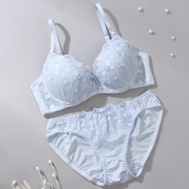 サックス | プチフラワー刺繍３/４モールドカップブラ＆ショーツ | palissee