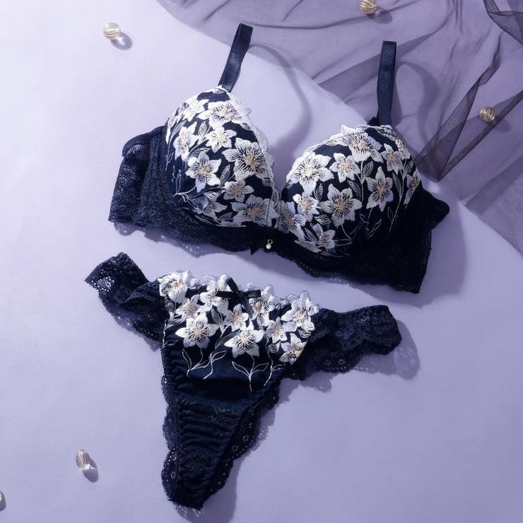 ネイビー | 【脇高】 ムーンライトフラワー 脇高ブラ＆Tバックショーツ  E F | palissee