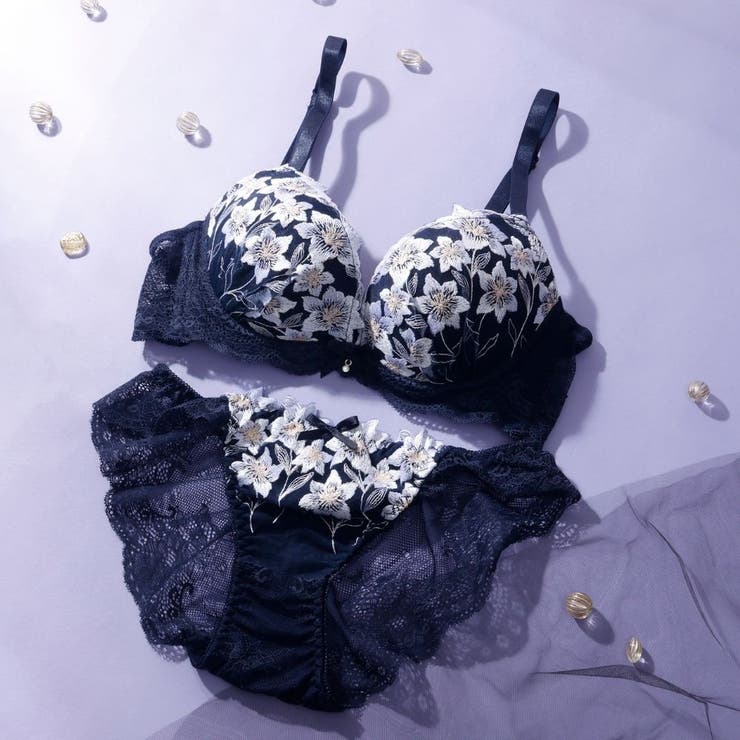 ネイビー | 【脇高】 ムーンライトフラワー 脇高ブラ＆バックレースショーツ  E F | palissee