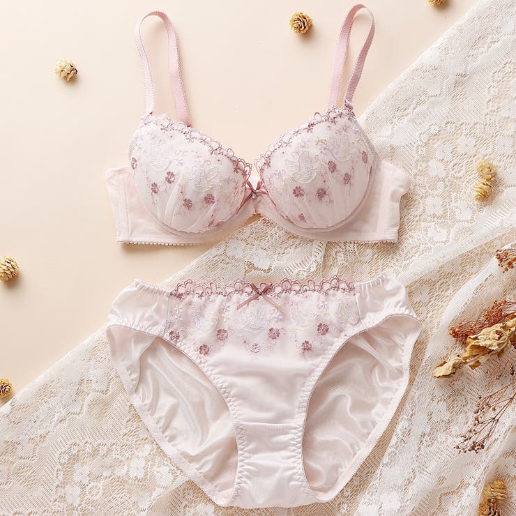 ピンク | 【EFカップ】アンティークフラワーバード刺繍 ３/４カップブラ＆ショーツ  | palissee