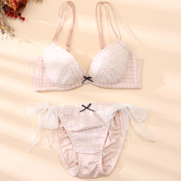 ベージュ | ギンガムチェックフラワー3/4カップブラ&ショーツ  | palissee