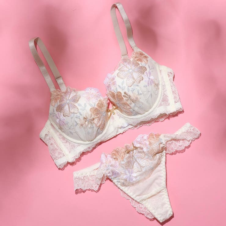 アイボリー | 【脇高】フェミニン大花刺繍３ ４モールドカップブラ＆バックレースTバック EF | palissee