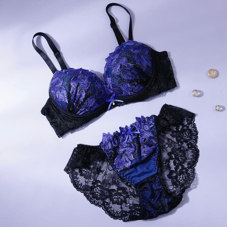 ブルー | 【脇高】グランローズ３/４モールドカップブラ＆バックレースショーツ  E F | palissee