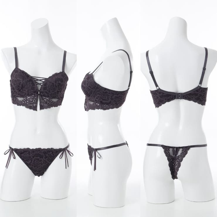 【脇高】ビスチェ風モノトーンレースアップ脇高ブラ＆Tバックショーツ  E F | palissee | 詳細画像3 