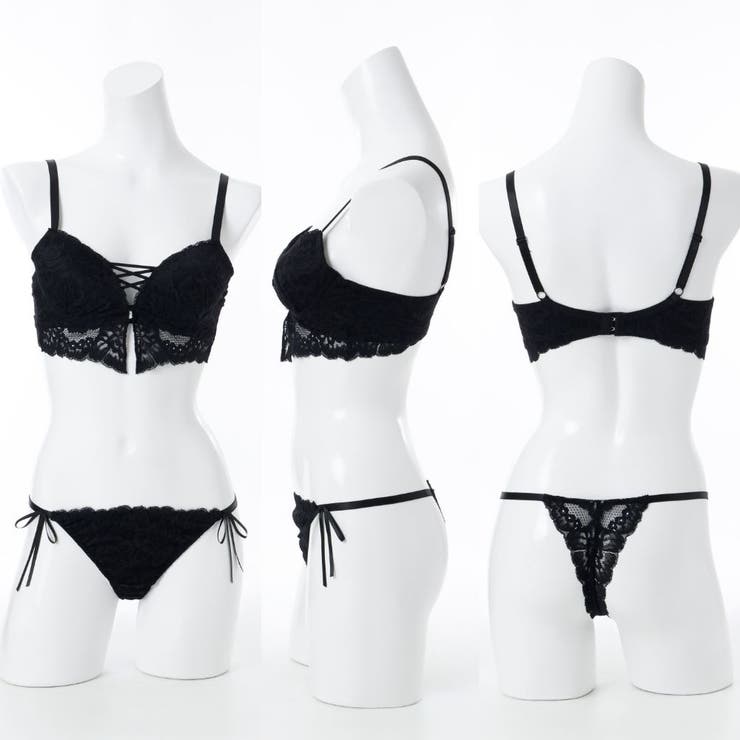 【脇高】ビスチェ風モノトーンレースアップ脇高ブラ＆Tバックショーツ  E F | palissee | 詳細画像4 