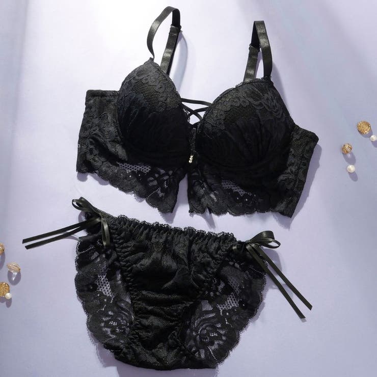ブラック | ビスチェ風モノトーンレースアップ 脇高ブラ＆バックレースショーツ E | palissee