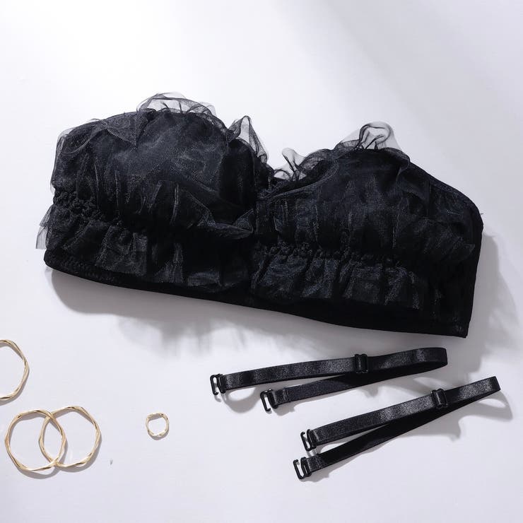 ブラック | チュールフリルストラップレスブラ（S・M・Lサイズ） | palissee