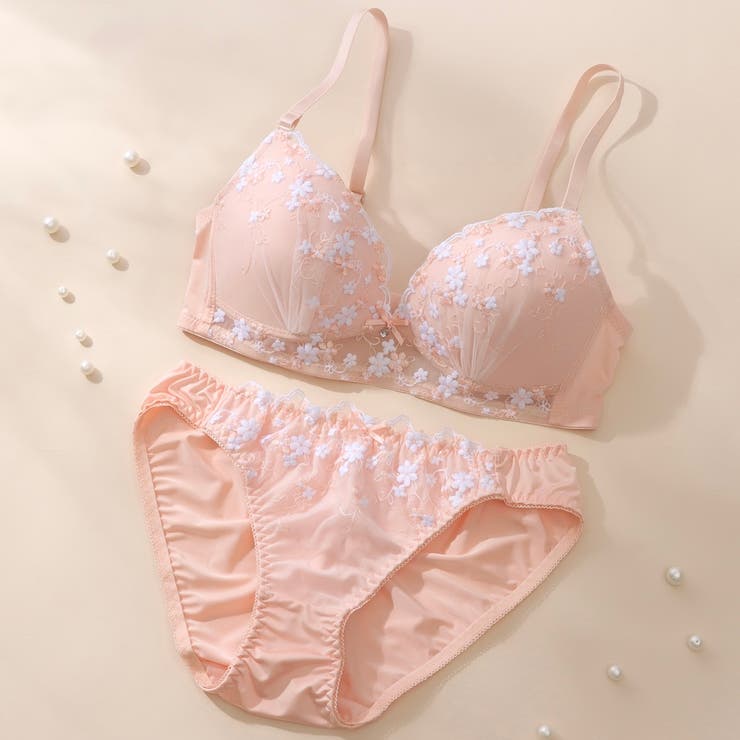 オレンジ | 【ノンワイヤー】プチフラワー刺繍ノンワイヤーブラ＆ショーツ  | palissee