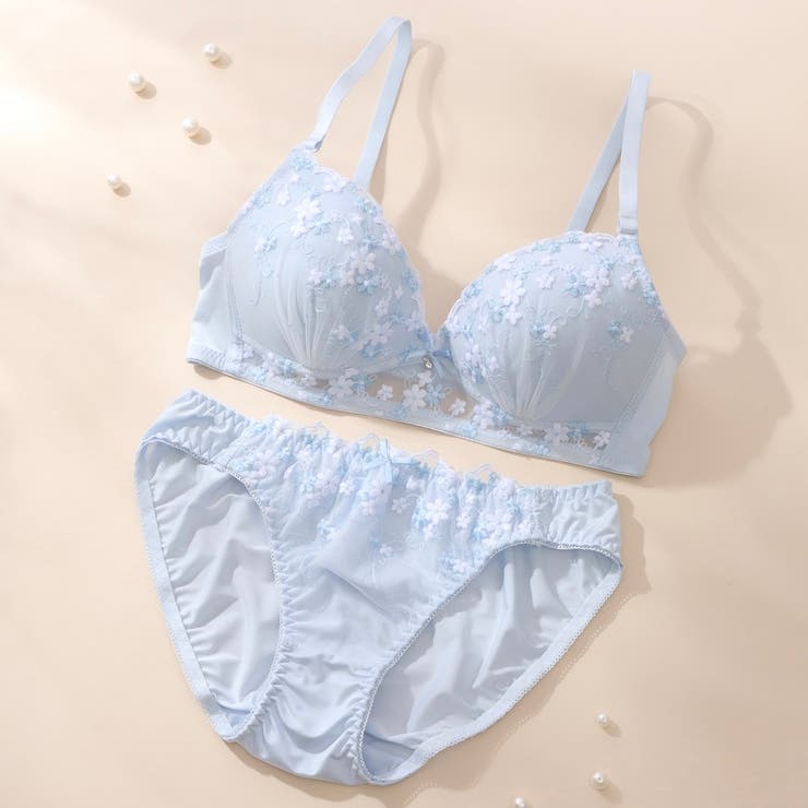 サックス | 【ノンワイヤー】プチフラワー刺繍ノンワイヤーブラ＆ショーツ  | palissee