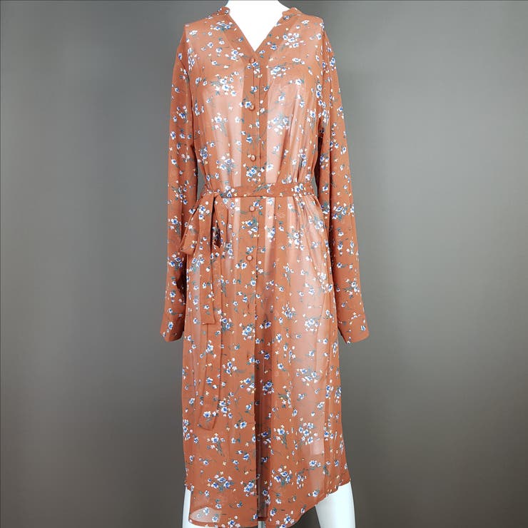 花柄ロングシャツワンピース 透け感 カジュアル[品番