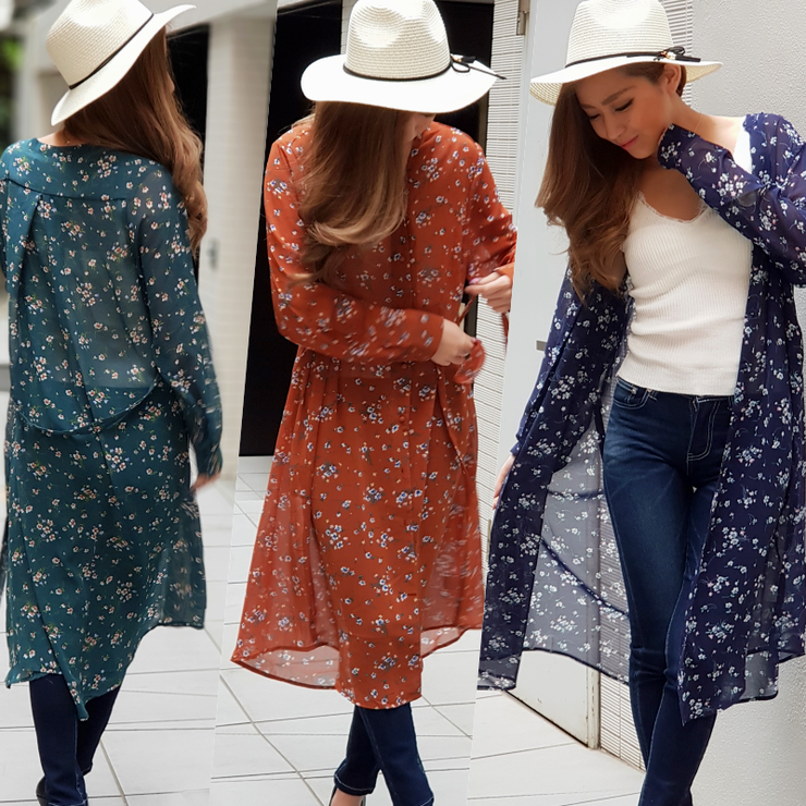 花柄ロングシャツワンピース 透け感 カジュアル[品番