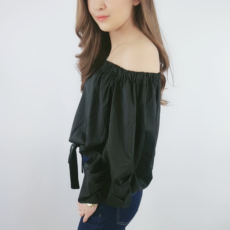 バルーン袖リボン付きトップス 2WAY オフショルブラウス[品番