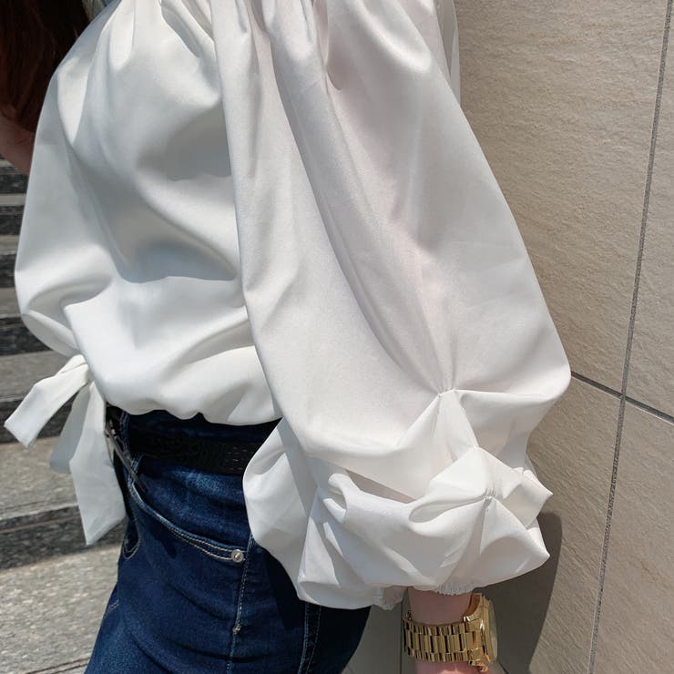 シルク100% ドゥロワー ギャザーブラウス リボン紐付き バルーン袖 2way シルク100% ドゥロワー ギャザーブラウス リボン紐付き バルーン