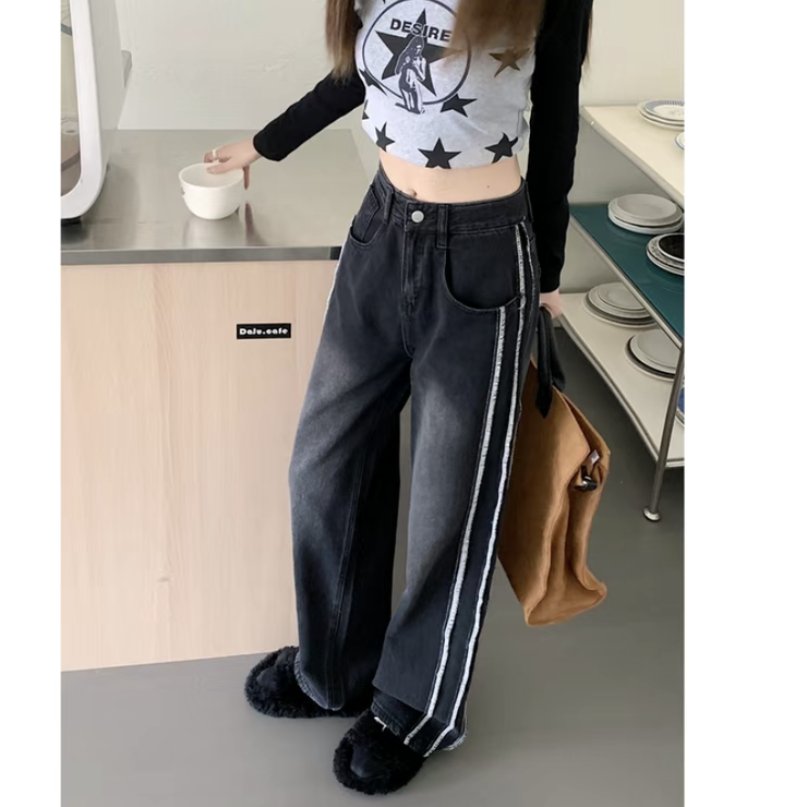 【THEAIRTOWN】ライン配色 ワイド デニム パンツ◆ サイドラインワイドデニムパンツ レディース ボトムス[品番