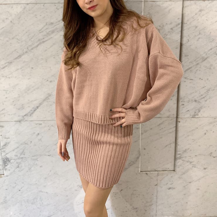 Vネックニット&ニットミニスカート レディース セットアップ