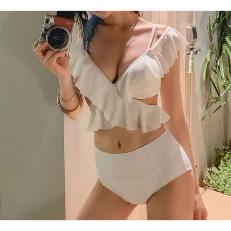 水着レディースセクシーホワイトピンクフリルクロスハイウエストビキニボディスーツ人気かわいい可愛いママジム女性10代20代30代40代バンドゥデザインおしゃれミズギみずぎレディースビキニスイムウェアバストプチプラ水着リゾート