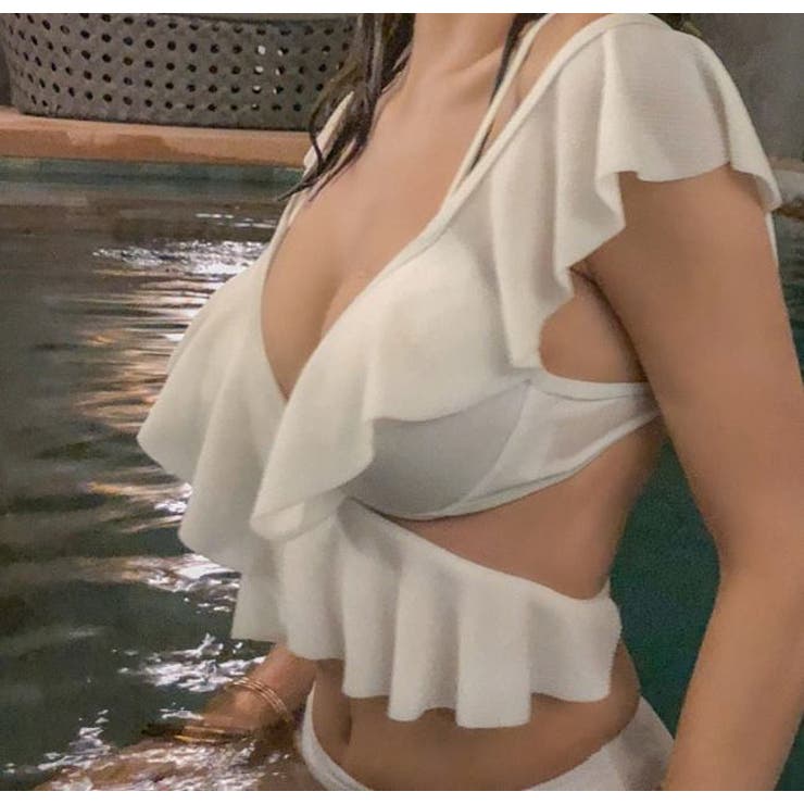 水着レディースセクシーホワイトピンクフリルクロスハイウエストビキニボディスーツ人気かわいい可愛いママジム女性10代20代30代40代バンドゥデザインおしゃれミズギみずぎレディースビキニスイムウェアバストプチプラ水着リゾート