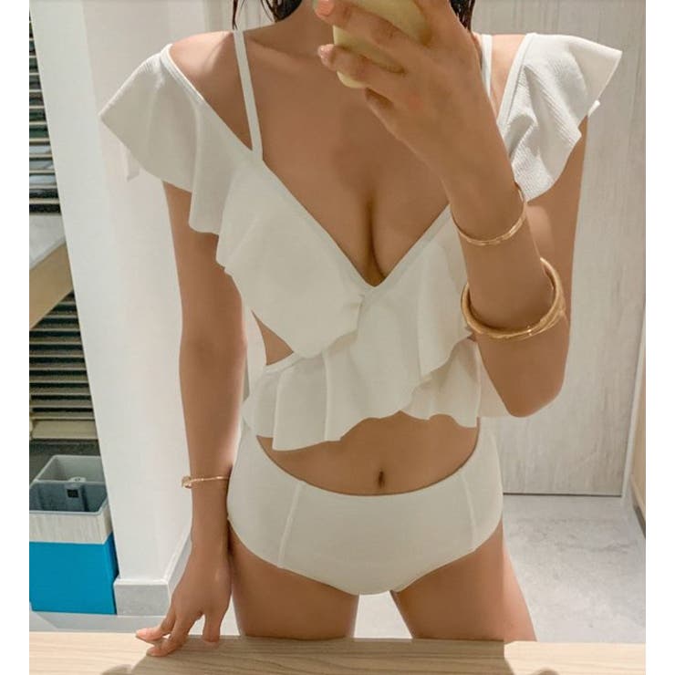 水着レディースセクシーホワイトピンクフリルクロスハイウエストビキニボディスーツ人気かわいい可愛いママジム女性10代20代30代40代バンドゥデザインおしゃれミズギみずぎレディースビキニスイムウェアバストプチプラ水着リゾート