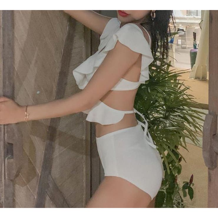 水着レディースセクシーホワイトピンクフリルクロスハイウエストビキニボディスーツ人気かわいい可愛いママジム女性10代20代30代40代バンドゥデザインおしゃれミズギみずぎレディースビキニスイムウェアバストプチプラ水着リゾート