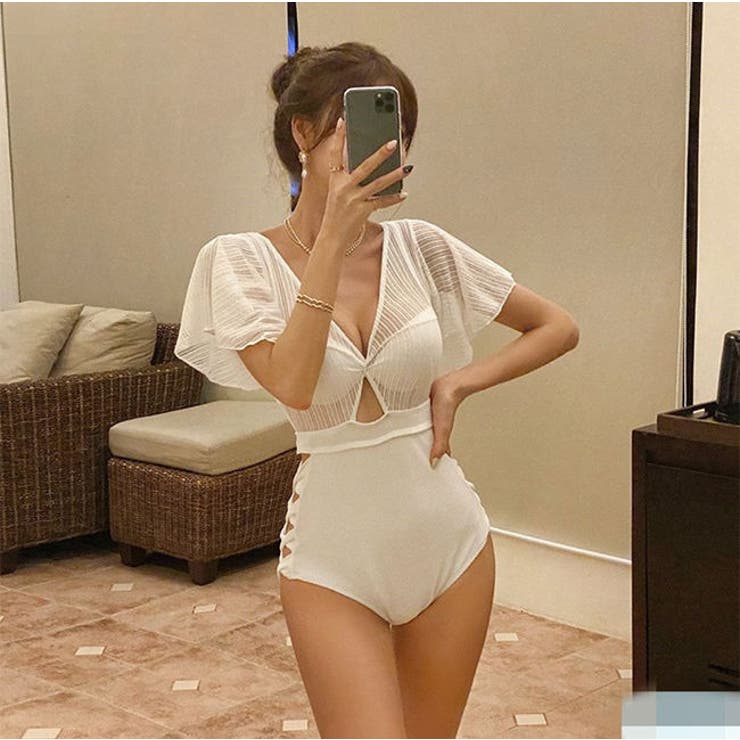 水着レディースブラックフリル袖サイドスリットシースルーセットブラワンピースボディスーツ人気かわいい可愛いママジム女性10代20代30代40代バンドゥデザインおしゃれミズギみずぎレディースビキニスイムウェアバストプチプラ水着リゾート