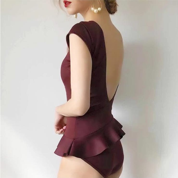 水着レディースブラックワインオープンバックフリモダンレトロワンピースボディスーツ人気かわいい可愛いママジム女性10代20代30代40代バンドゥデザインおしゃれミズギみずぎレディースビキニスイムウェアバストプチプラ水着リゾート