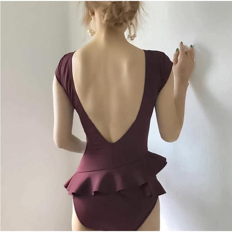 水着レディースブラックワインオープンバックフリモダンレトロワンピースボディスーツ人気かわいい可愛いママジム女性10代20代30代40代バンドゥデザインおしゃれミズギみずぎレディースビキニスイムウェアバストプチプラ水着リゾート