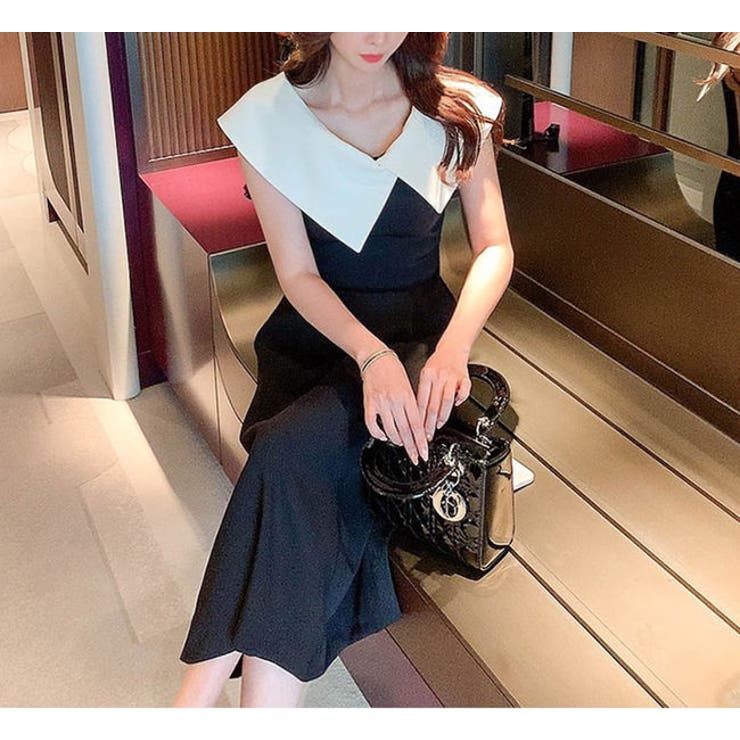 パーティードレス結婚式ドレスワンピース母親親族フォーマルドレスブラックアイボリーバイカラービッグカラーノースリーブミモレ丈フレアウエディングワンピセクシークールレトロ結婚式成人式花嫁二次会レディースブライダルお嬢様お呼ばれ食事会