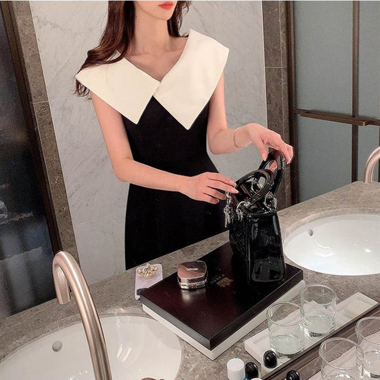 パーティードレス結婚式ドレスワンピース母親親族フォーマルドレスブラックアイボリーバイカラービッグカラーノースリーブミモレ丈フレアウエディングワンピセクシークールレトロ結婚式成人式花嫁二次会レディースブライダルお嬢様お呼ばれ食事会