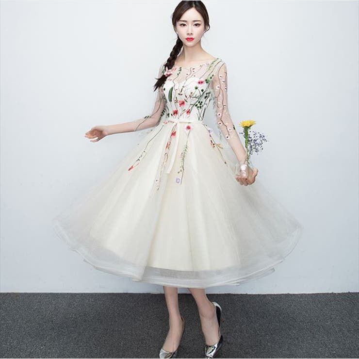 レジャ　花柄シースルーパーティードレス 当日発送】ビスチェ風ハイネック花柄シアーレースワッフル