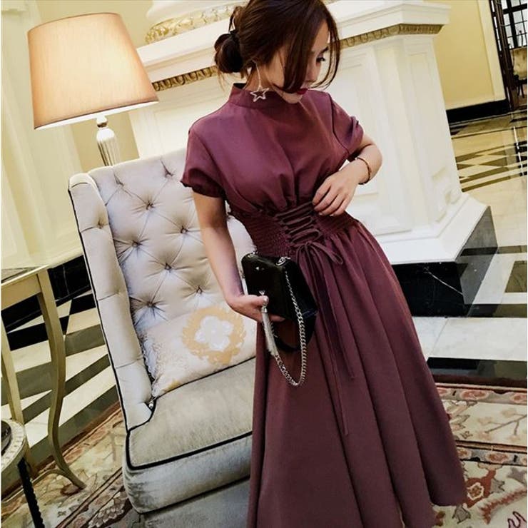 Coast* フローラルレース パフスリーブ ベルトドレス Lサイズあり】フローラルレースxパールボタンタイトミニキャバ