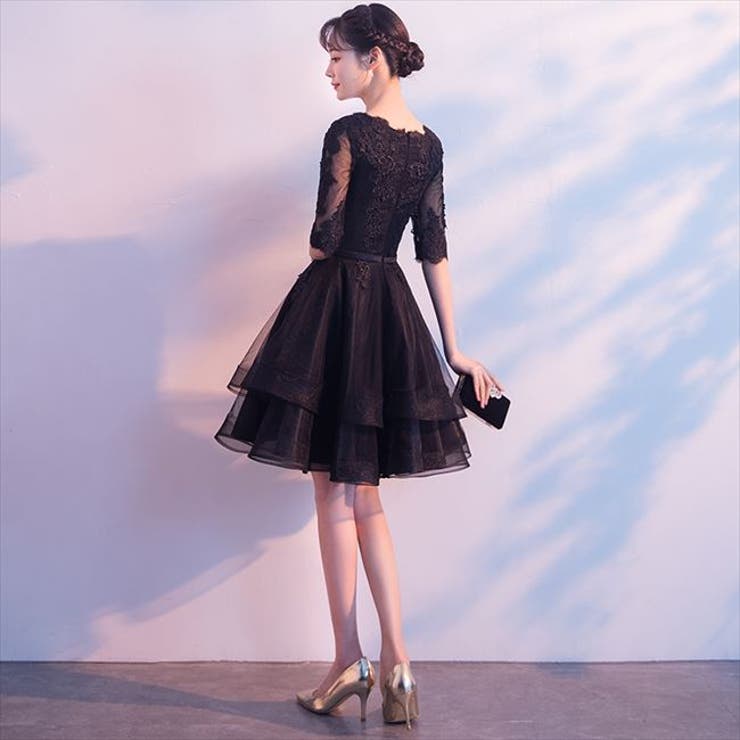 大きいサイズ レディース □ブラック花柄ドレスワンピース (LL