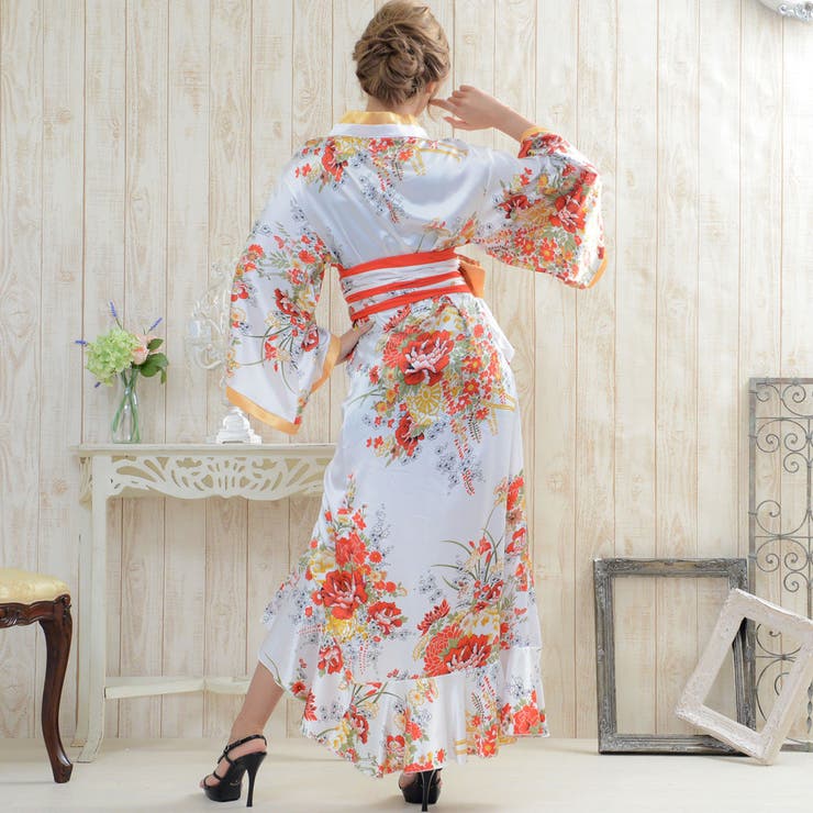花魁風 帯付き 総和柄 サテン 裾フリル ロングドレス 衣装 よさこい コスプレ42cm帯長