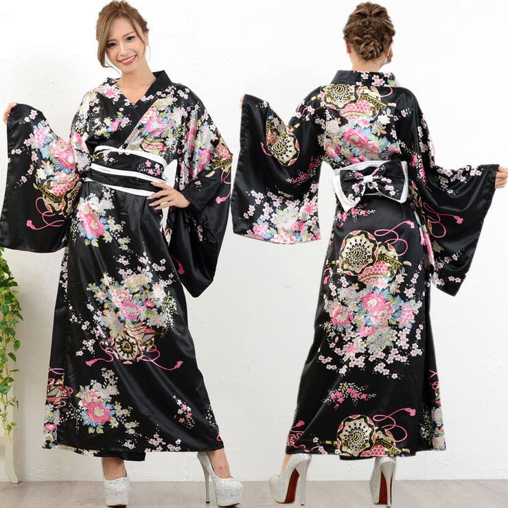帯付き花魁シリーズ☆和柄サテン着物ロングドレス/和柄がとても