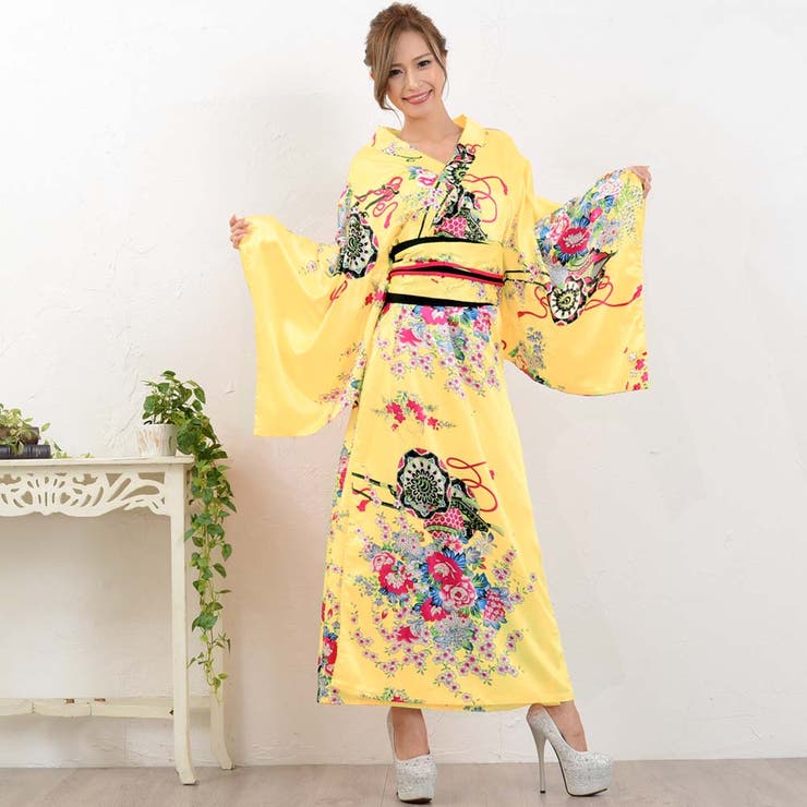 ゴールドパイピング和柄花柄サテン着物ロングドレス 和柄サテン着物ロングドレス衣装 キャバドレス レディース[品番