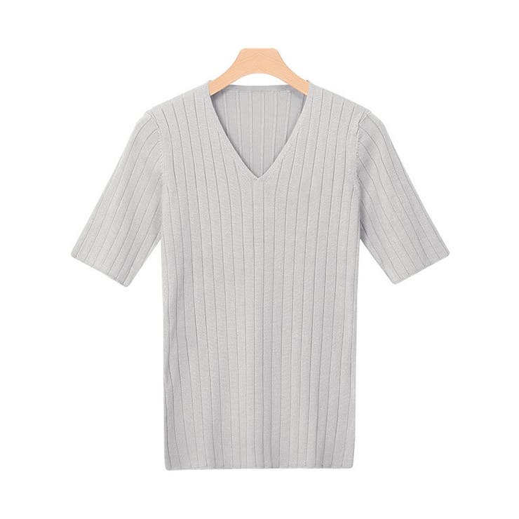 グレー | ★ネックが選べる半袖リブニットニット トップス リブ 半袖 Vネック | Pierrot