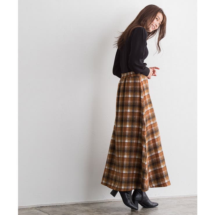 ウールタッチチェック柄ラップ風スカート スカート ウールタッチ[品番