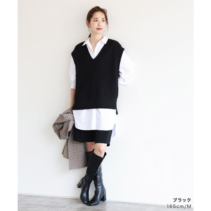 ニットベスト×ロングシャツセット ブラウス シャツ ベスト