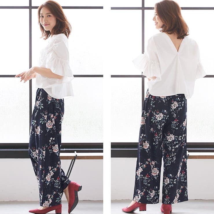 花柄タックワイドパンツ花柄 タック ワイドパンツ フレア ボトム 総柄 パンツ [品番：PRTW0000904]｜Pierrot（ピエロ）のレディースファッション通販｜SHOPLIST（ショップリスト）