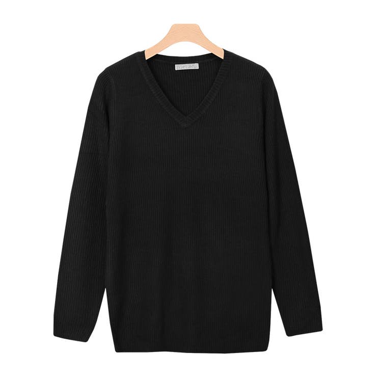 Vネック/ブラック | ネックが選べる カシミアタッチリブニットトップス ニット リブニット セーター | Pierrot