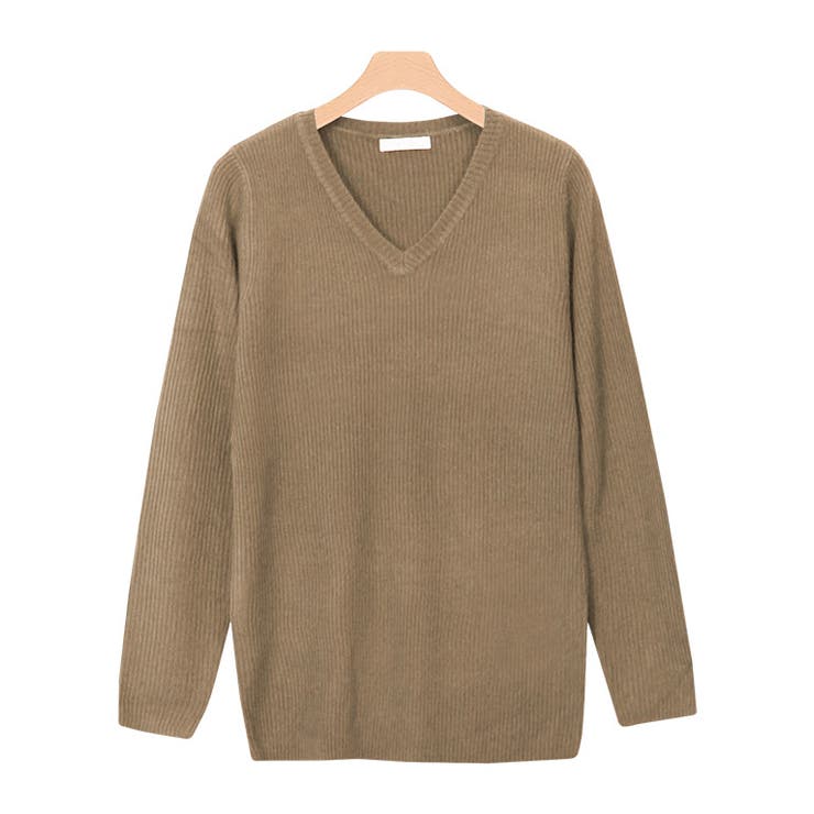 Vネック/モカ | ネックが選べる カシミアタッチリブニットトップス ニット リブニット セーター | Pierrot