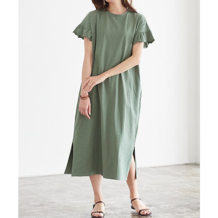 フリルロングワンピース フリル 袖コン スリット ロング 膝下 半袖 | Pierrot | 詳細画像8 