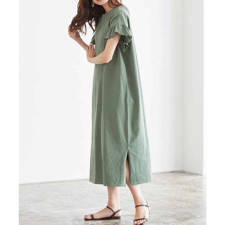 フリルロングワンピース フリル 袖コン スリット ロング 膝下 半袖 | Pierrot | 詳細画像9 