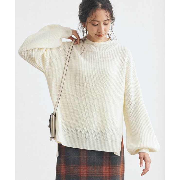 アイボリー | ボリューム袖ハイネックプルオーバー ニット セーター ハイネック 畦ニット | Pierrot