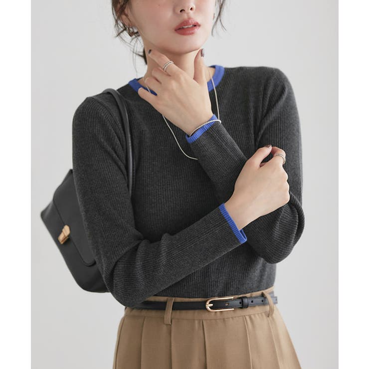 A/杢チャコール×ブルー | 選べる配色リブニット ニット セーター | Pierrot