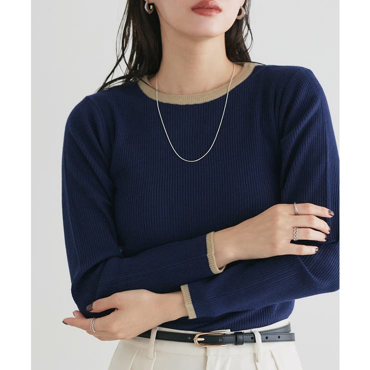 A/ネイビー×杢ベージュ | 選べる配色リブニット ニット セーター | Pierrot